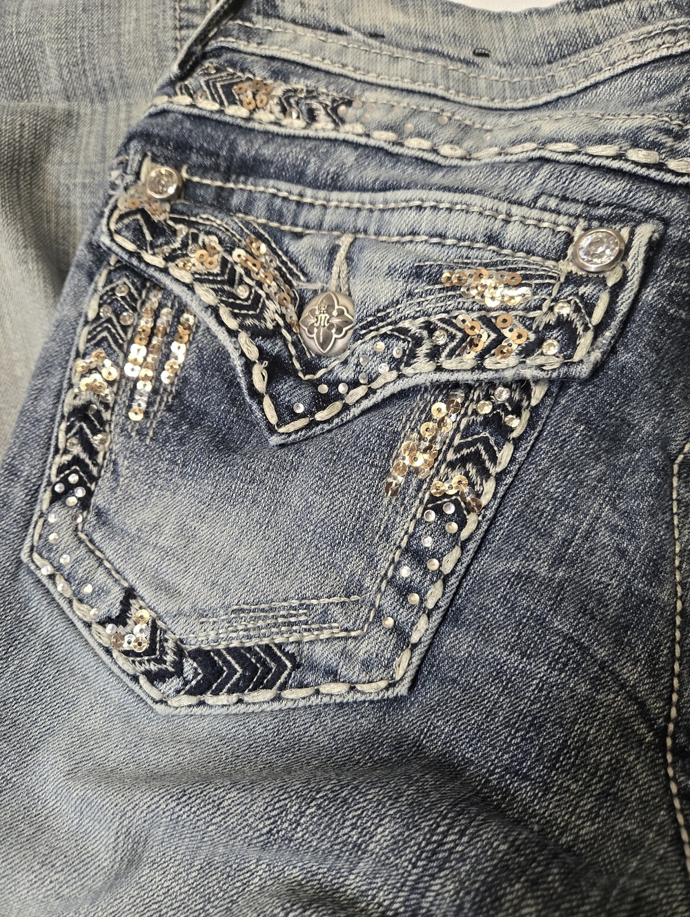 Miss Me Womens Size 28 Denim Straight Jeans Embellished Rhinestones Y2k Light - Picture 4 of 8